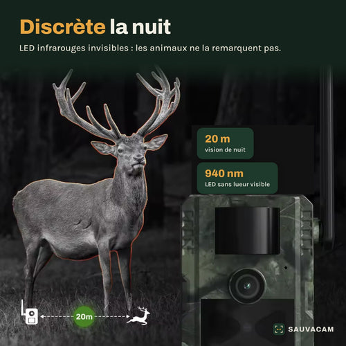 Caméra de chasse 4G solaire 2K vision nocturne, carte SD 32 Go incluse